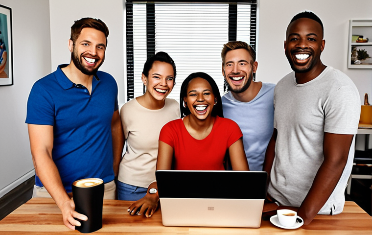 Virtual Team Coffee Break**
Prompt: Diverse remote team members laughing and connecting during a virtual coffee break. Some are in their home offices, others in casual settings. Showcase a feeling of camaraderie and informal interaction, fostering a sense of belonging. Zoom, Teams, or Google Meet interface visible in the background. Bright, inviting, and playful.
**